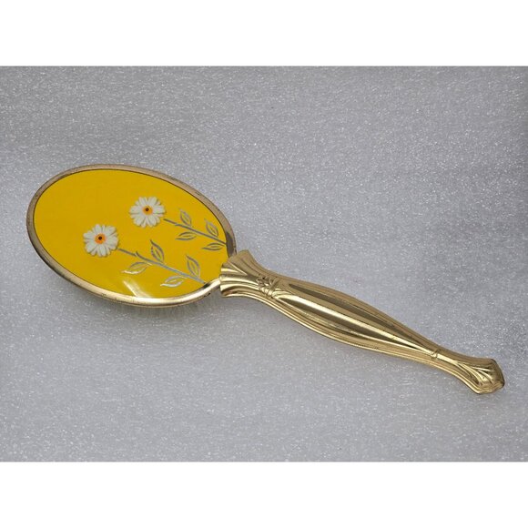 Vintage Gold Tone Yellow Hairbrush With Floral Design & Nylon Bristles - Picture 1 of 2